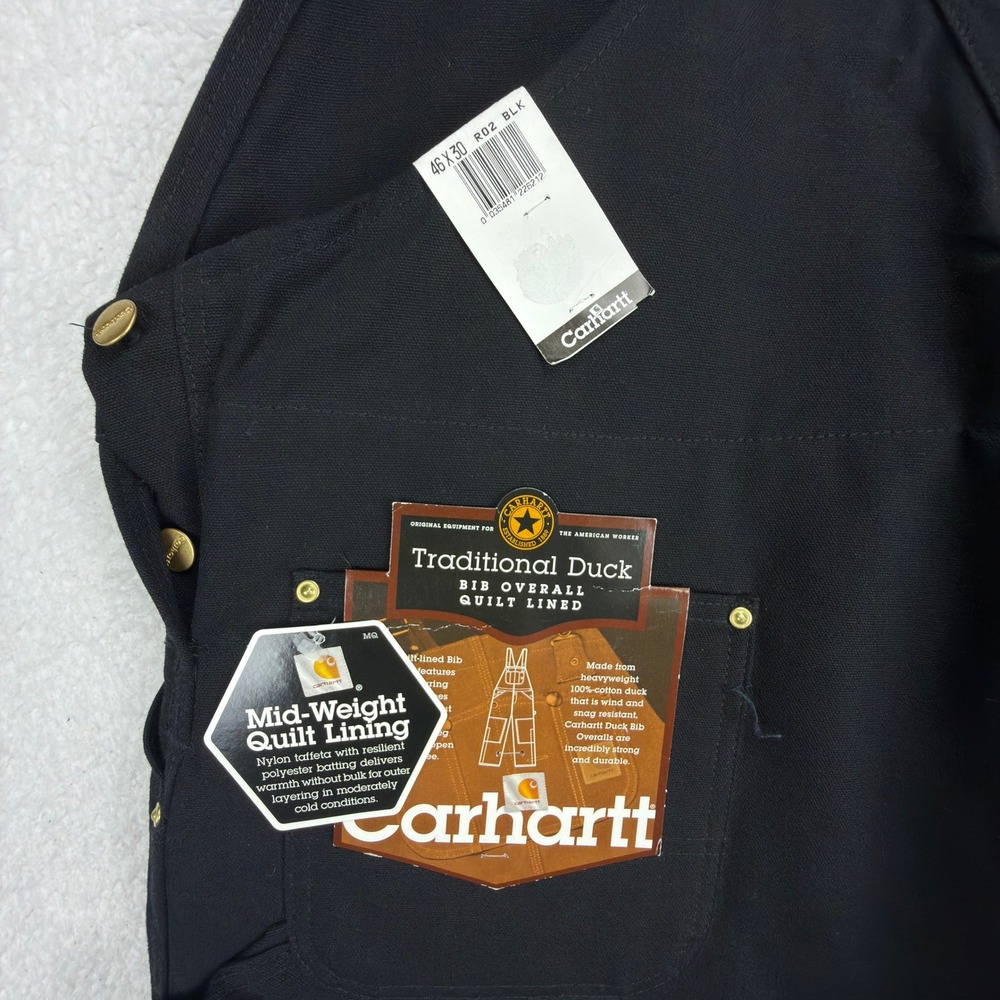 Carhartt Quilt Lined Bibs Overalls Mens 46x30 R02 BLK Black NWT NOS USA